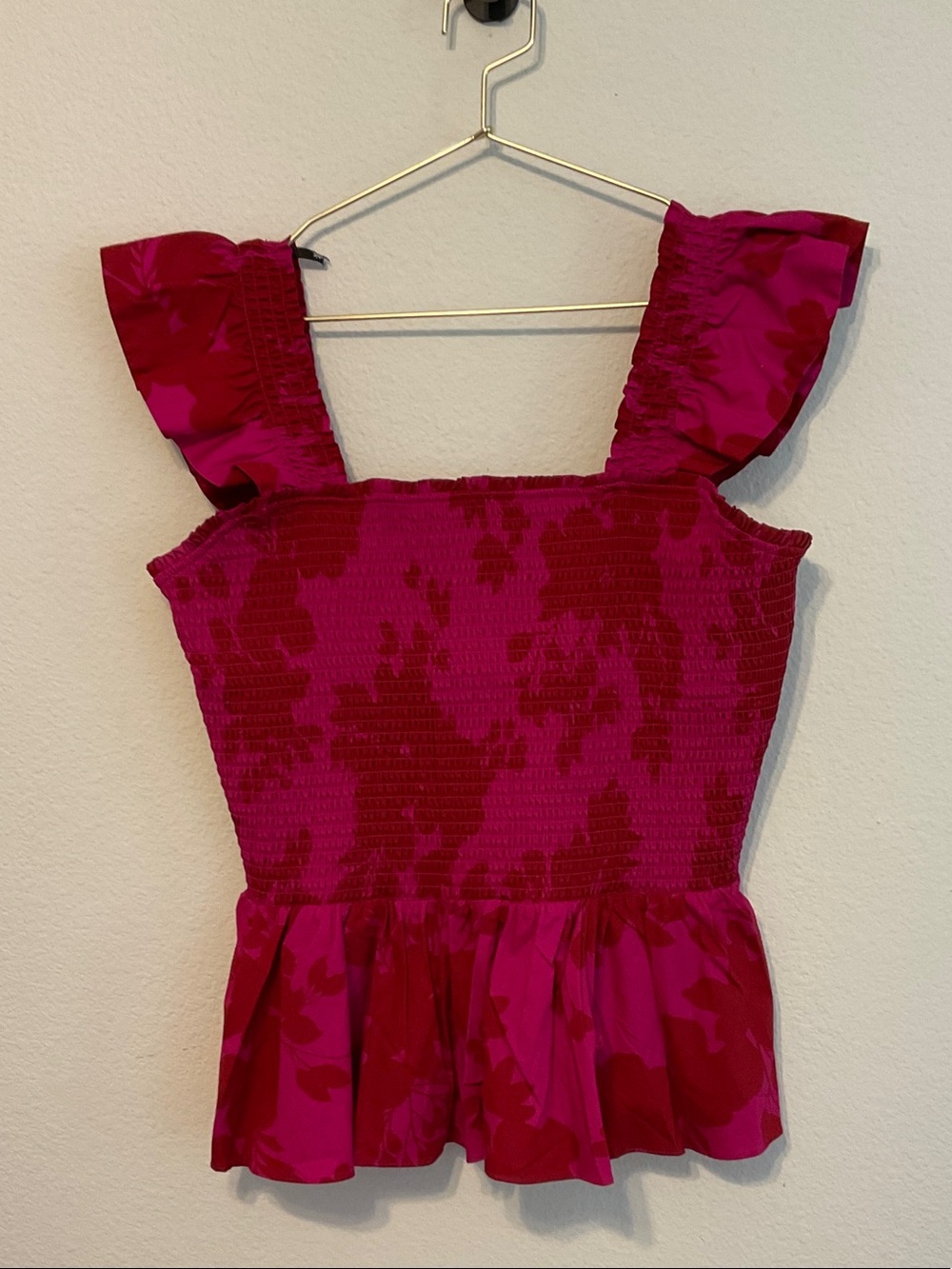 City Chic Smocked Ruffle Strap Peplum Top - Magenta Pink